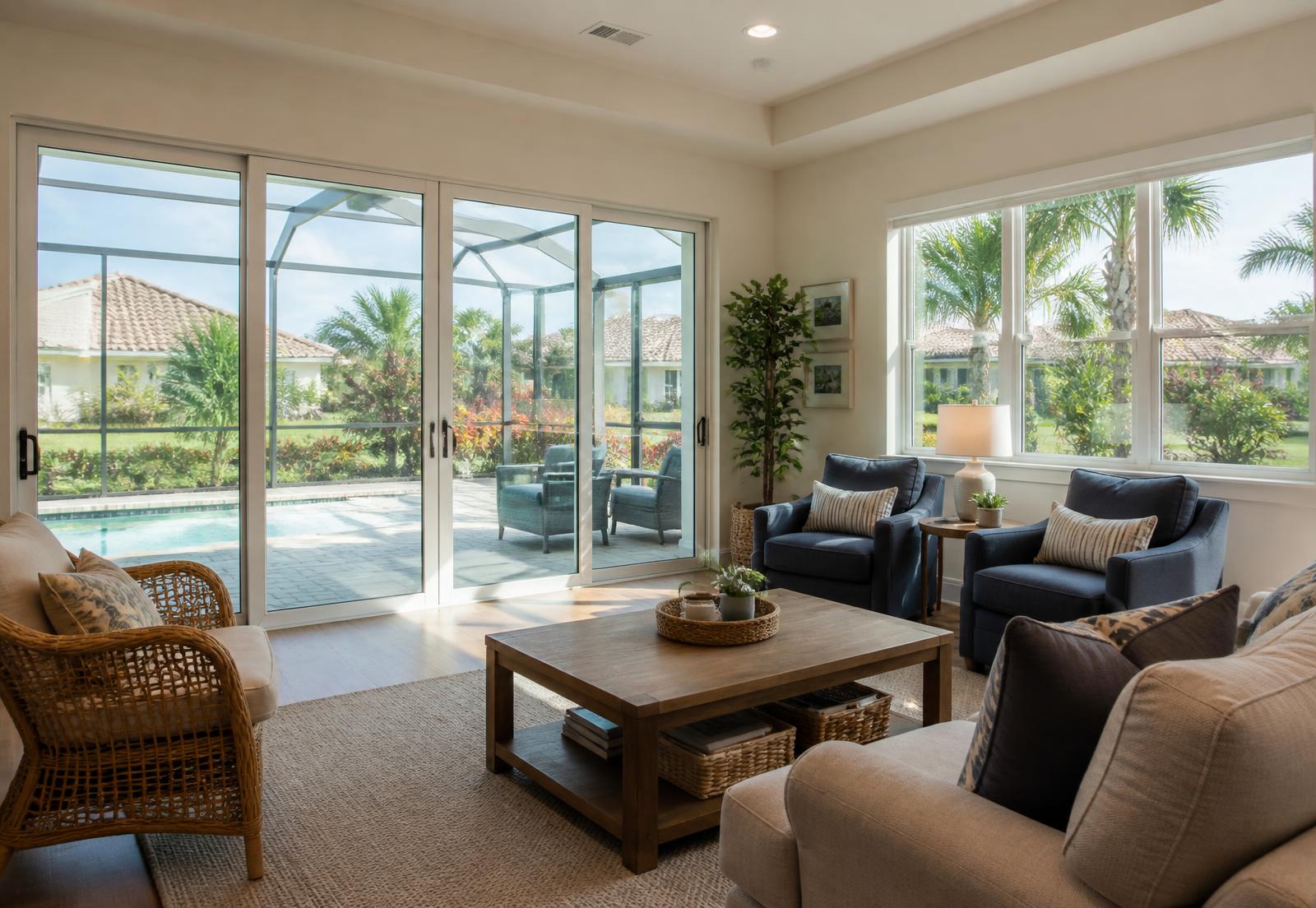 Bright Florida living room with large impact-resistant windows and sliding doors